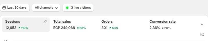 Shopify dashboard: EGP 249,068 total sales, last 30 days